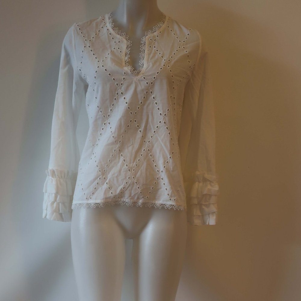 Womens Kristina Ti White Eyelet V-Neck Long Ruffled Sleeves Cotton Top 38 US/S *